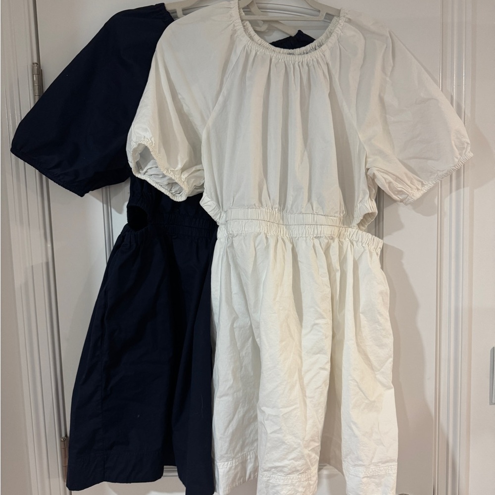 Bundle of 2 Old Navy Waist-Defined Puff-Sleeve Cotton-Poplin Side-Cutout Dresses